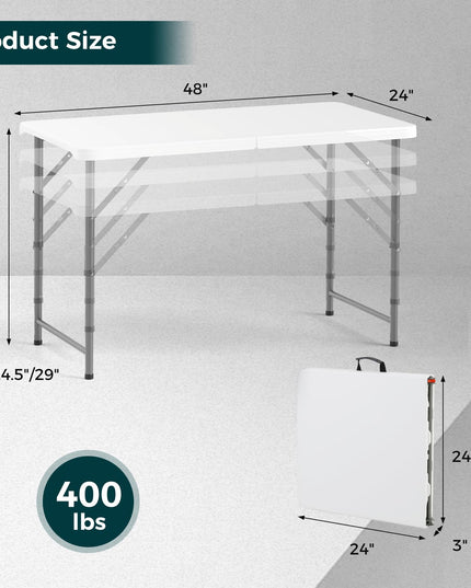 Giantex 48” x 24” Folding Table, HDPE Portable Fold-in-Half Table with 20”-29” Adjustable Heights