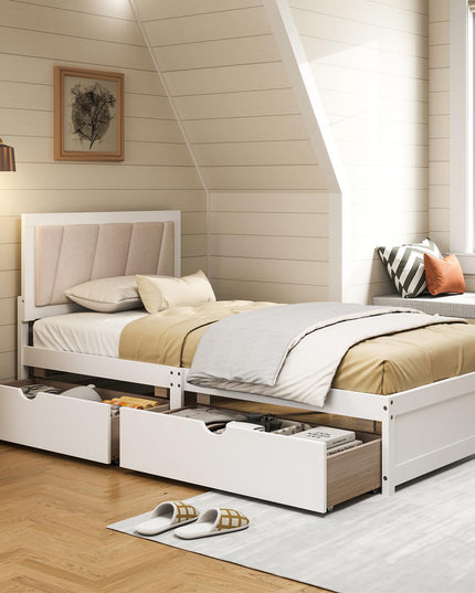 Giantex Wood Twin Bed with 2 Storage Drawers, Solid Wood Platform Bed with Upholstered Headboard