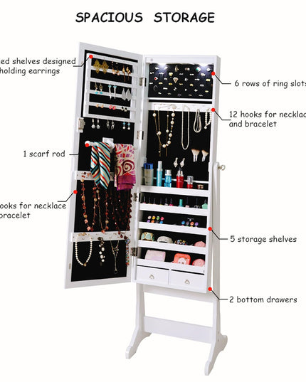 Giantex 57.5"H 2 LEDs Standing Jewelry Cabinet with Full Length Mirror with 2 Drawers, 4 Adjustable Angles, Jewelry Storage Organizer