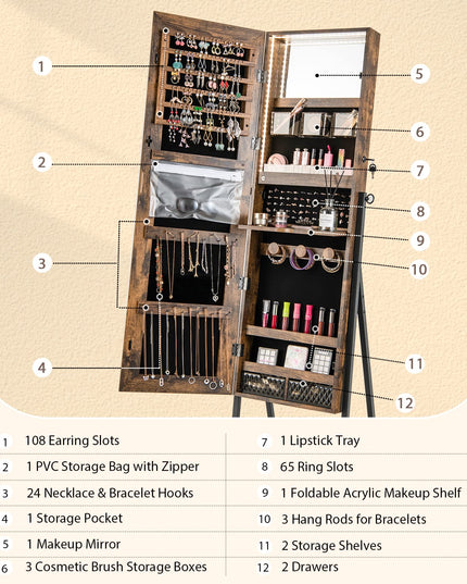CHARMAID LED Strip Jewelry Armoire with 47.2"H Full Length Mirror, Lockable Jewelry Cabinet Organizer