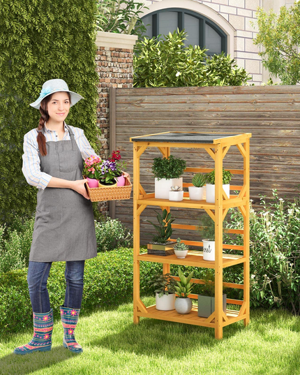 Giantex Plant Stand with Roof - 54'' Outdoor Storage Shelves, 3-Tier Wooden Plant Rack with Weatherproof Asphalt Roof