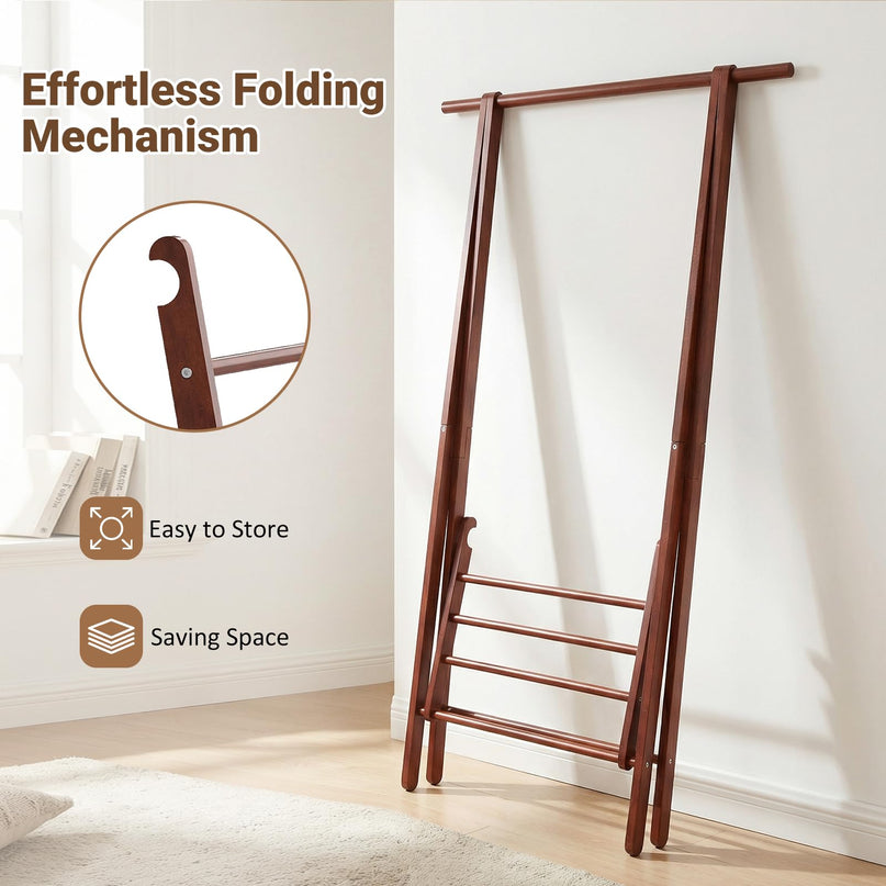 Giantex Solid Rubber Wood Clothes Hanging Stand with Storage Shelf for Garments Hats Handbags