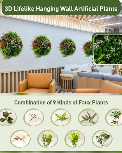 Giantex 2 Pack Hanging Artificial Plants Panels, 20" Round Framed 3D Greenery Wall Art Decor