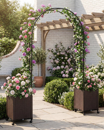Giantex Metal Garden Arch Trellis Arbor with 2 Self-Watering Planter Boxes
