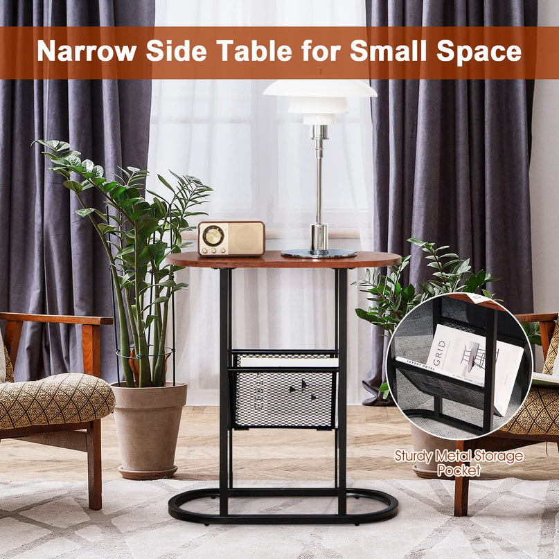 Giantex Oval Narrow Side Table, Small End Table with Magazine Rack Sling Holder Pouch