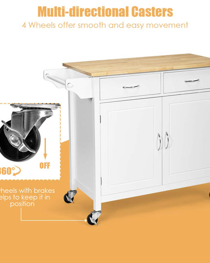 Giantex Kitchen Island, Rolling Kitchen Cart, Wood Counter Top, Bar Dining Room Organizer Furniture, White