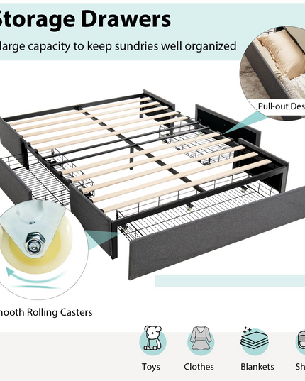Full Size Platform Bed Frame with 3 Storage Drawers - Giantex