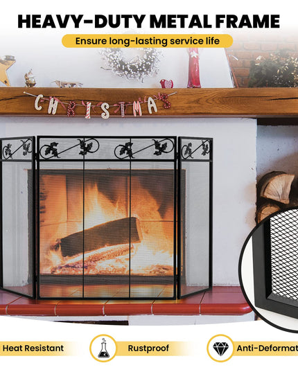 Giantex 3-Panel Fireplace Screen Black - 50 x 30 Inch Folding Antique Mesh Metal Flat Fireplace Screen