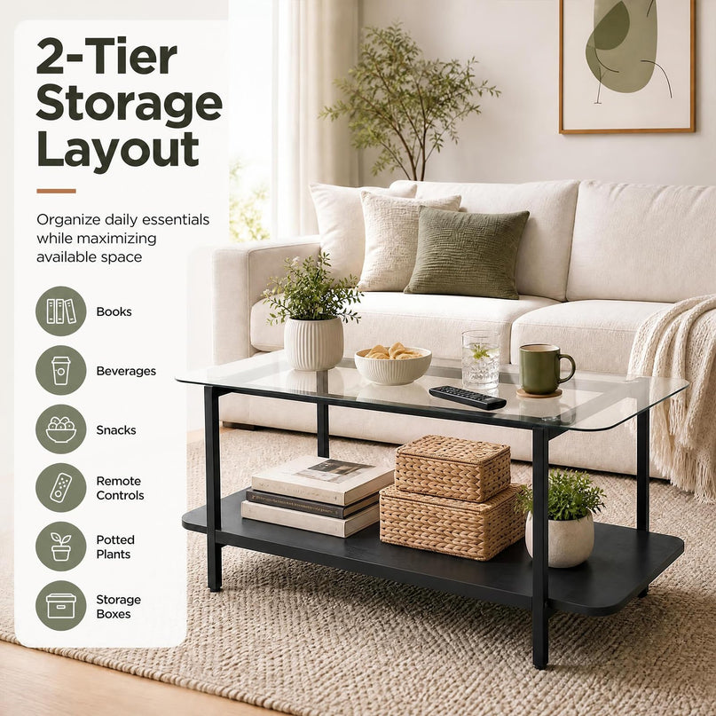 GIANTEX 37.5" Glass Coffee Table | 2-Tier Center Table with Storage