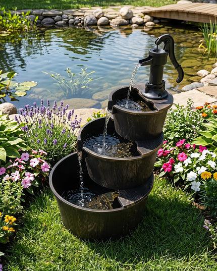 Giantex 37" 3-Tier Barrel Waterfall Fountain with Electric Pump