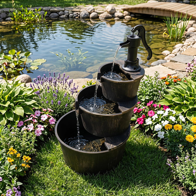 Giantex 37" 3-Tier Barrel Waterfall Fountain with Electric Pump