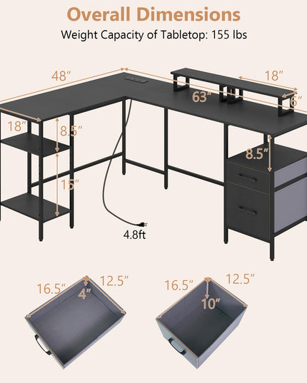Giantex 63" Reversible L Shaped Desk with Charging Station
