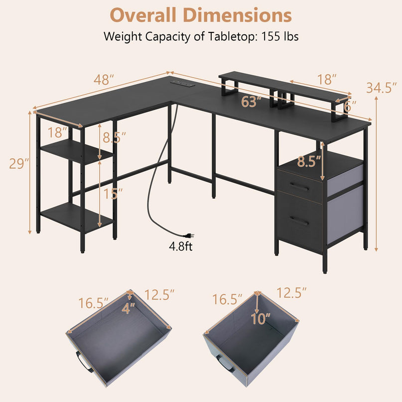 Giantex 63" Reversible L Shaped Desk with Charging Station