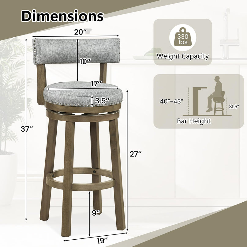 Tabourets de bar pivotants Giantex de 80 cm de haut avec assise et dossier rembourrés en tissu de lin (2/4)