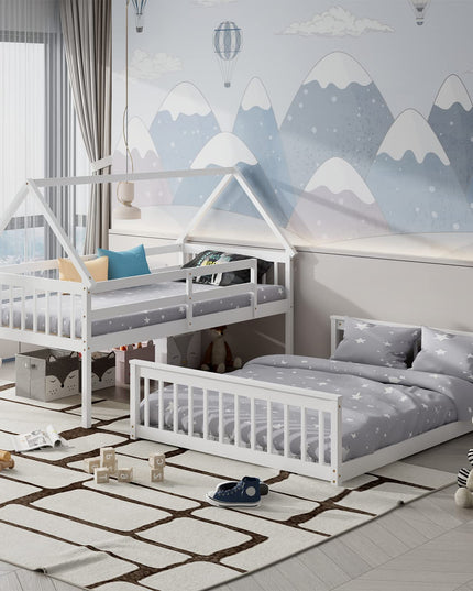Giantex Twin Over Full House Bunk Bed, Floor Low Bunk Bed Frame w/Integrated Ladder & Safety Guardrails
