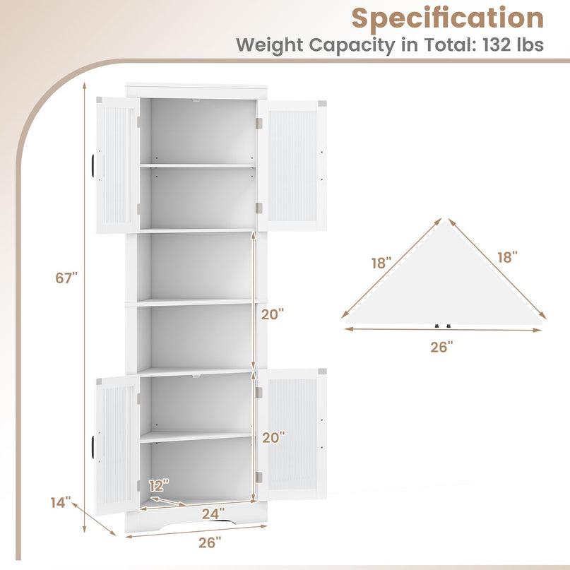 Giantex 67" Tall Corner Cabinet w/ 4 Tempered Glass Doors for Bathroom