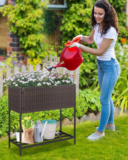 Giantex Raised Garden Bed with Legs, Rattan Elevated Planter Box w/Storage Shelf