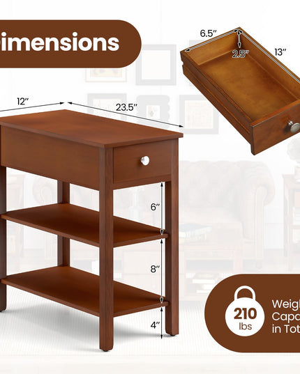 Ginatex Narrow Side Table Set of 2, Small End Tables with Drawer & Open Storage Shelves