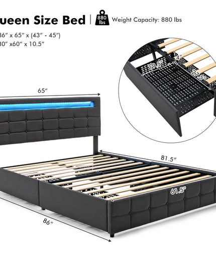 Giantex Queen Bed Frame with LED Lights and 4 Drawers, Upholstered Platform Bed Frame with USB Ports
