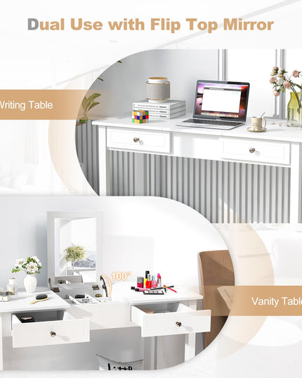 CHARMAID Makeup Vanity Desk - 44 inch White Vanity Desk with Flip Top Mirror