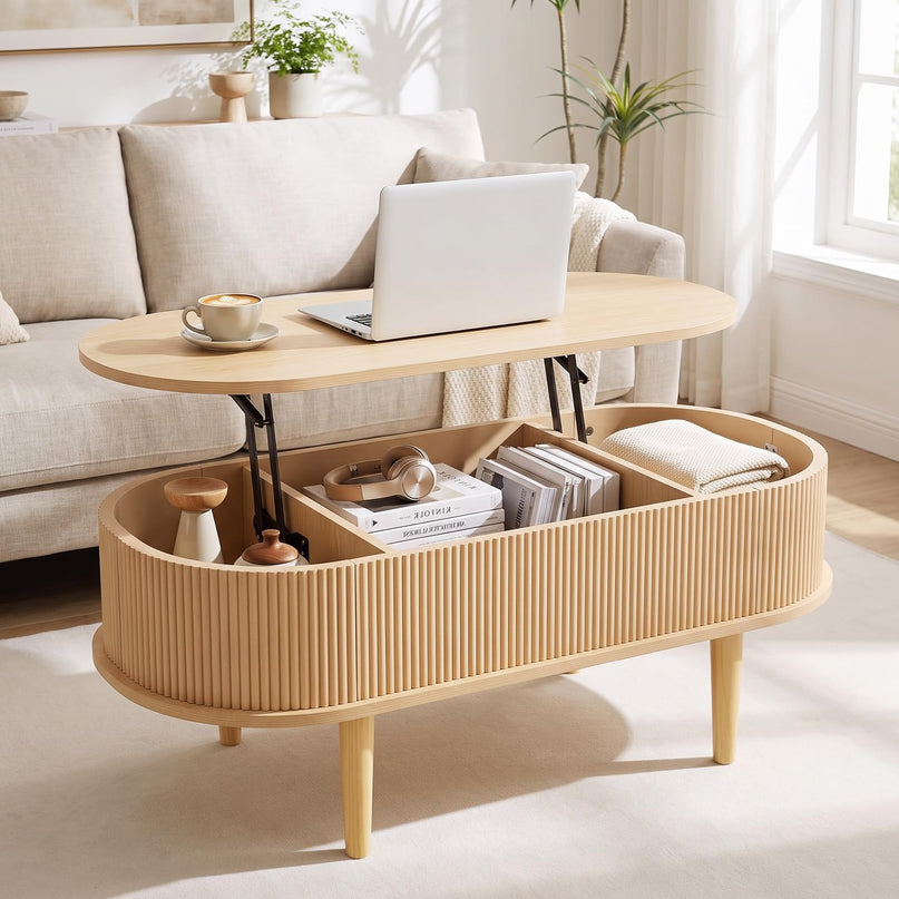 GIANTEX Oval Lift Top Coffee Table with Storage for Living Room