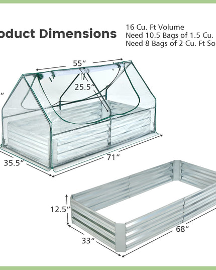 Giantex Galvanized Steel Raised Garden Bed with Mini Greenhouse, Outdoor Metal Planter Box Kit with Large Roll-up PVC Cover