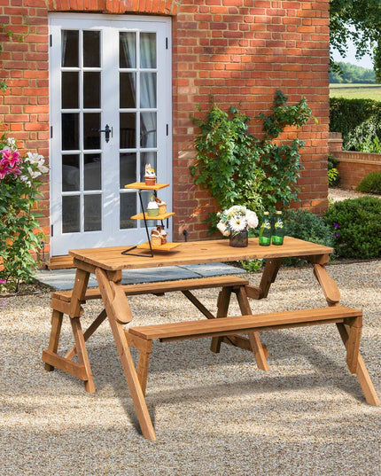 Giantex Wooden Picnic Table Set, 2 in-1 Folding Picnic Bench Set Transforming Interchangeable