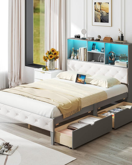 Giantex Gray Full Size Bed Frame with Upholstered Bookcase Headboard