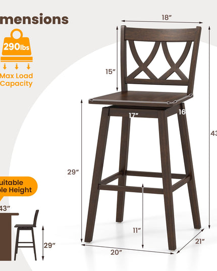 Giantex 29" Bar Stools Set of 2/4, Swivel Wooden Bar Chairs with Rubber Wood Frame, for Kitchen Island, Restaurant & Pub, Dark Grey