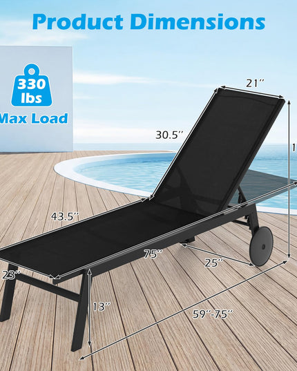 Giantex Patio Lounge Chair with Wheels | Sun Tanning Chair with Adjustable 6-Position Backrest