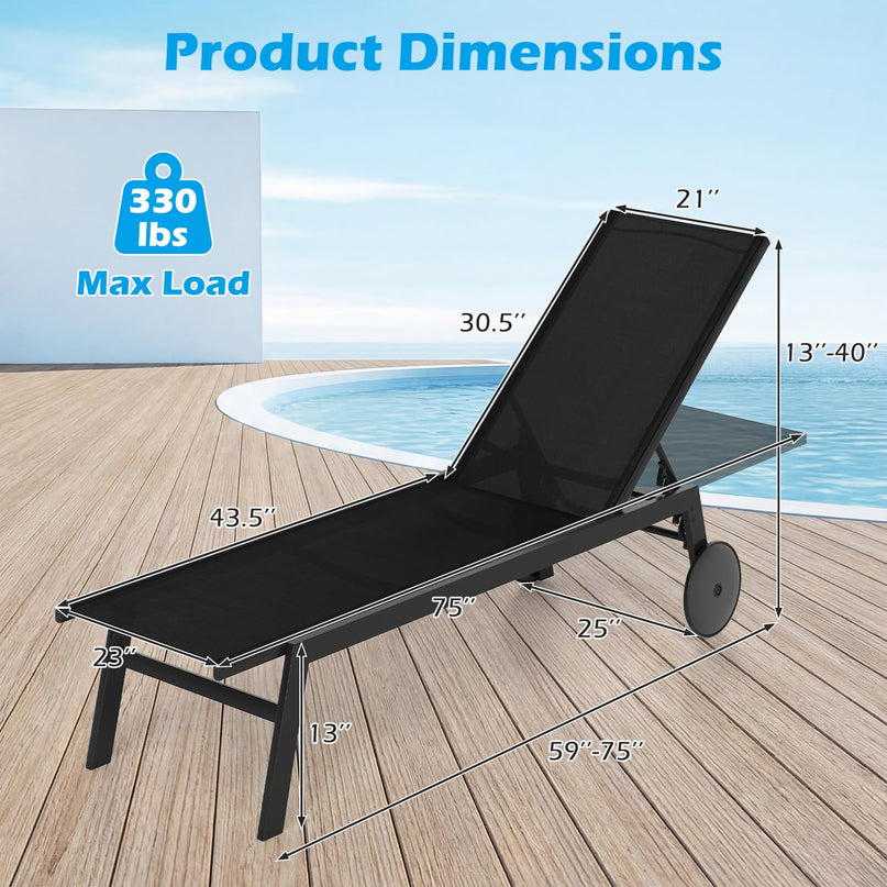 Chaise longue de patio Giantex à roulettes | Chaise longue de bronzage avec dossier réglable à 6 positions