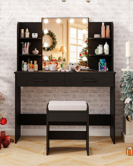 CHARMAID Vanity Desk with Mirror and Lights, Black Makeup Vanity Table with Large Drawers, Storage Shelve