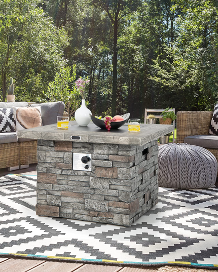 34.5" Propane Gas Fire Pit Table - Patio 2-in-1 Outdoor Square Fire Table W/ Volcanic Rock & PVC Cover