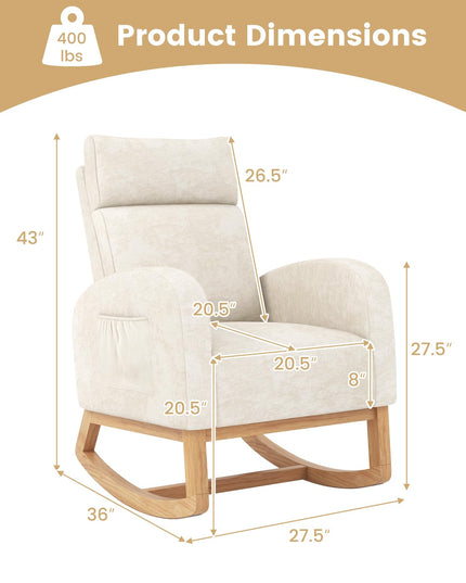 Giantex Fauteuil à bascule en chenille rembourré avec cadre en bois d'hévéa naturel