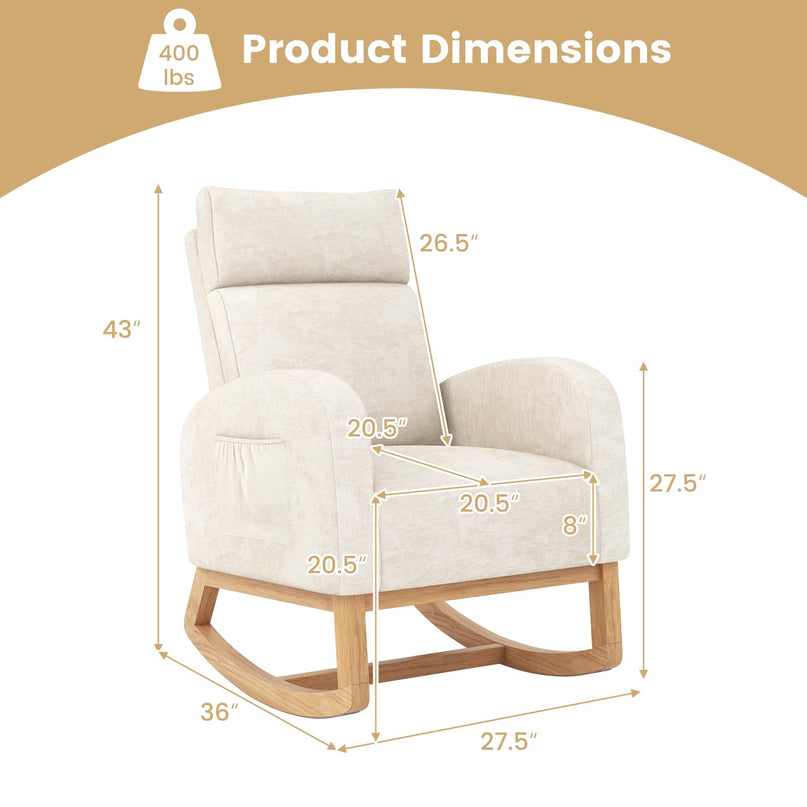 Giantex Rocking Chair Upholstered Chenille Rocker Chair Natural Rubber Wood Frame