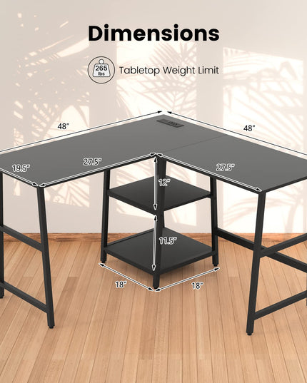 Giantex L Shaped Desk with Power Outlets & USB Ports, 48" Corner Gaming Desk with 2 Tier Storage Shelves