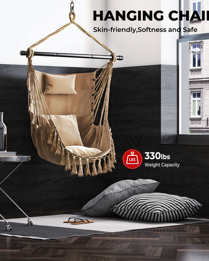 Hanging Chair Hammock Swing Chair - with Sturdy Steel Hanging Bar