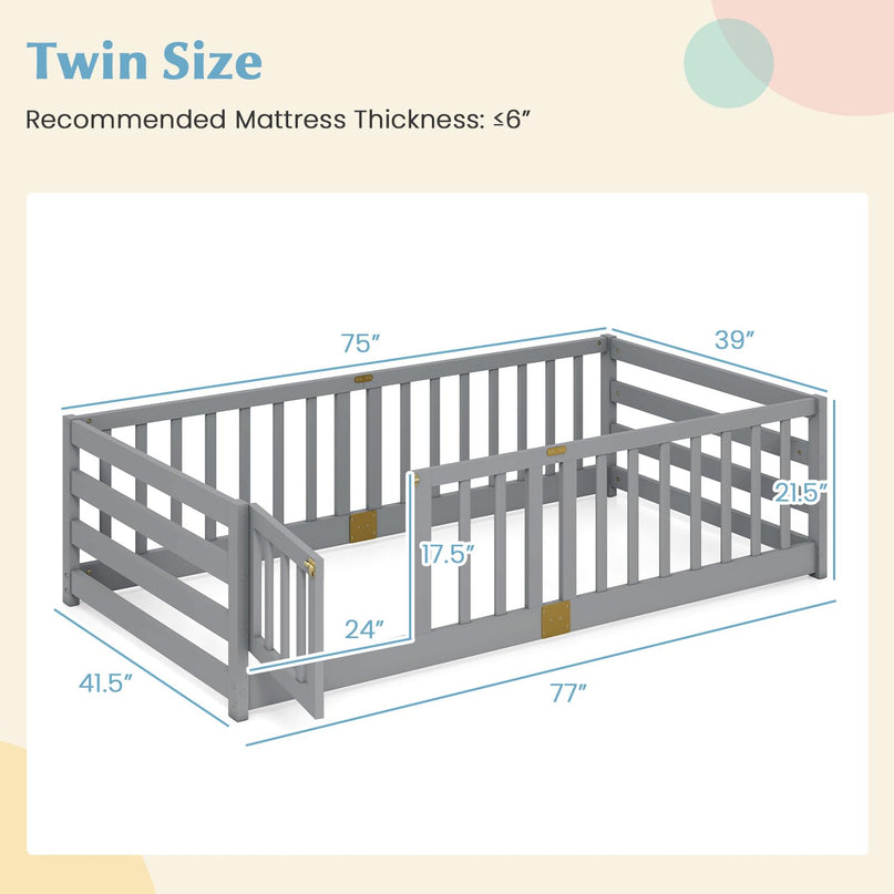 Giantex Twin Floor Bed with High Fence & Door
