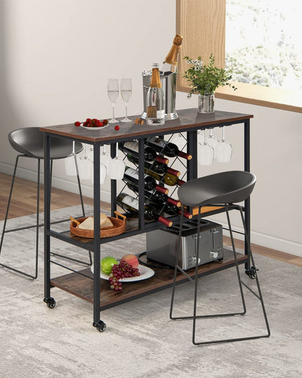 Giantex 3-Tier Wine Bar Cabinet - on Wheels, 8 Bottles Rack & 12 Glasses Hanger (Rustic Brown & Black)