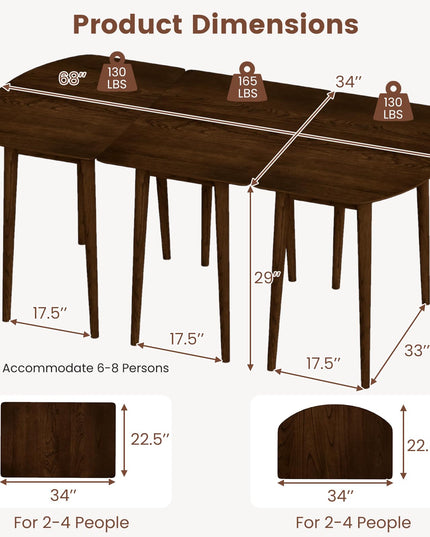 Giantex 68"Extendable Dining Table for 6-8 People, 68" Farmhouse Kitchen Table with 2 Half-Round & 1 Rectangular Table