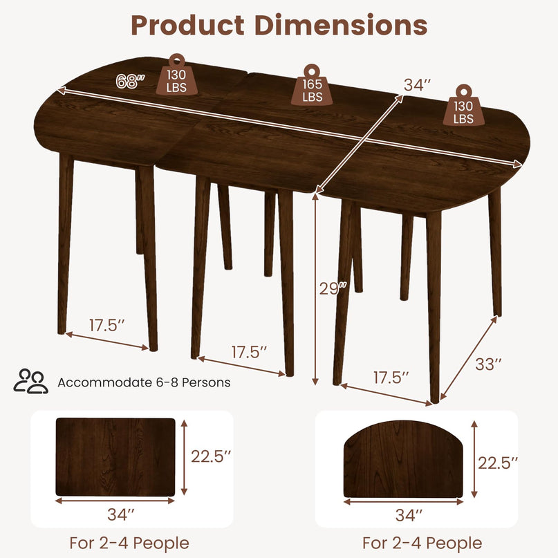 Table de salle à manger extensible Giantex 68" pour 6 à 8 personnes, table de cuisine de style campagnard 68" avec 2 plateaux demi-ronds et 1 plateau rectangulaire