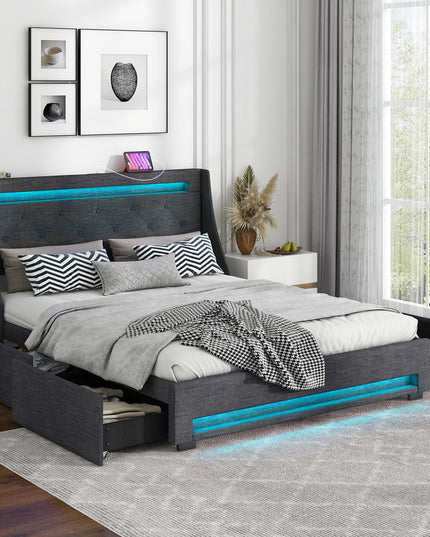 Giantex Bed Frame with LED Lights & Charging Station, Upholstered Platform Bed with Wingback Headboard