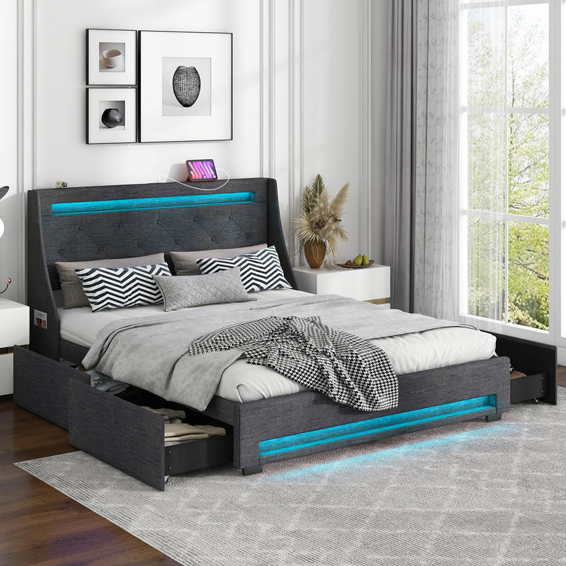 Giantex Bed Frame with LED Lights & Charging Station, Upholstered Platform Bed with Wingback Headboard