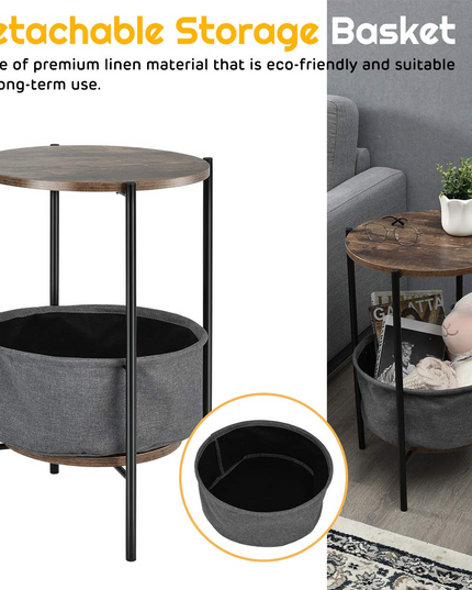 End Table Round Sofa Side Table W/Durable Storage Fabric Basket
