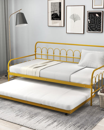 Giantex Twin Daybed with Trundle Gold, Metal Day Bed with Convenient Pull-Out Trundle Bed