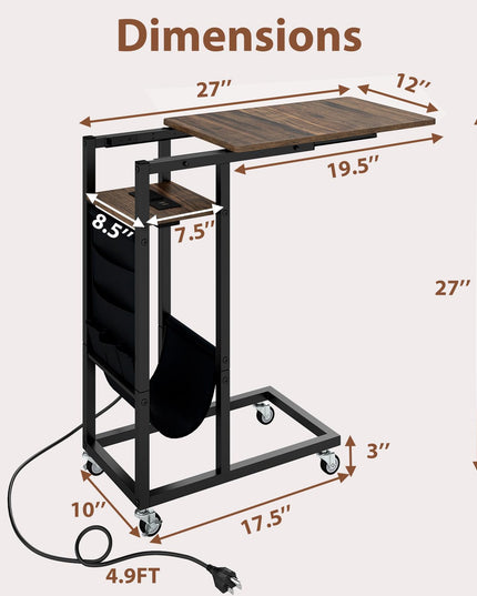 Giantex C Shaped End Table with Charging Station and Wheels