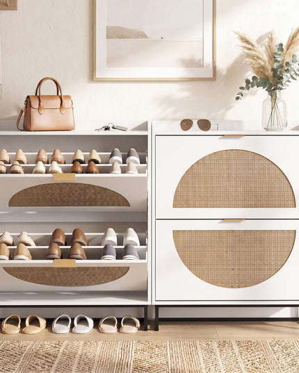 Giantex Faux Rattan Hidden Entryway Shoe Storage Cabinet with 2 Flip Drawers