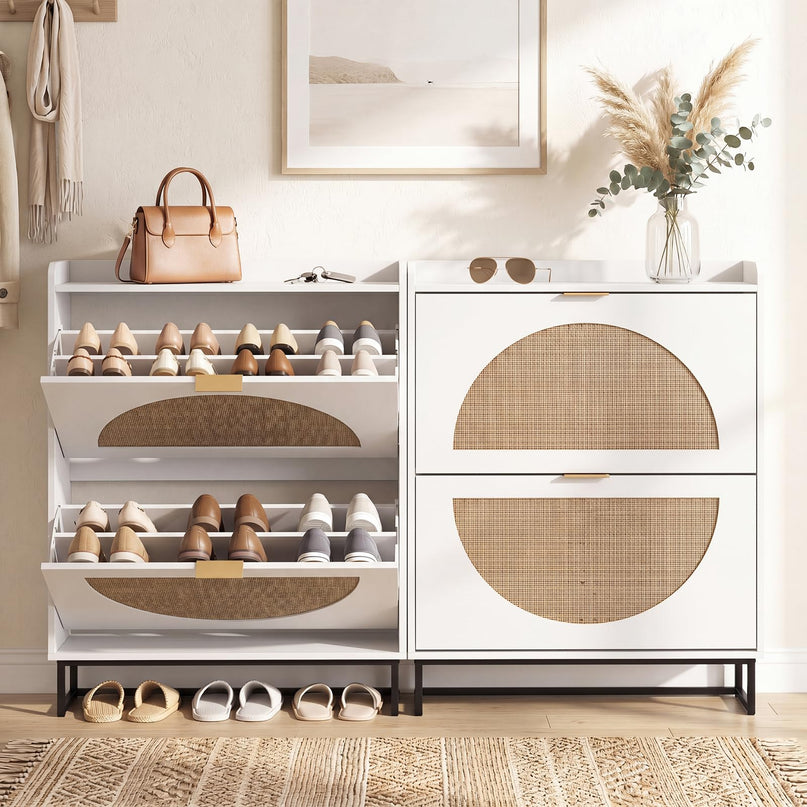 Giantex Faux Rattan Hidden Entryway Shoe Storage Cabinet with 2 Flip Drawers