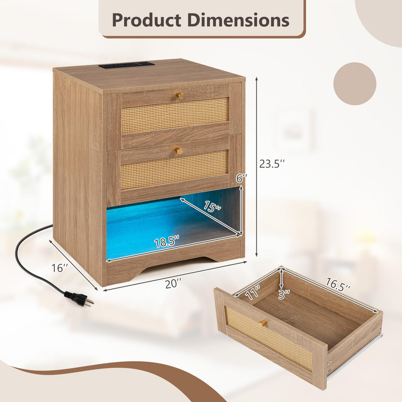 GIANTEX Rattan Nightstand with Charging Station for Bedroom