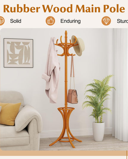 Giantex Solid Wood Coat Rack, Freestanding Hall Tree w/12 Hooks, Umbrella Holder, Entryway Hanger Stand for Coat